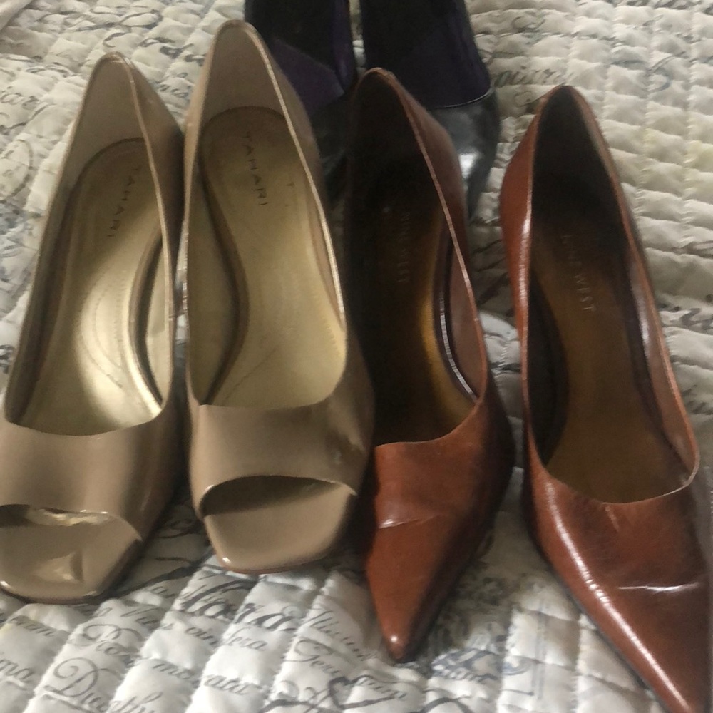 Three pair of heels tan llight beige and blk